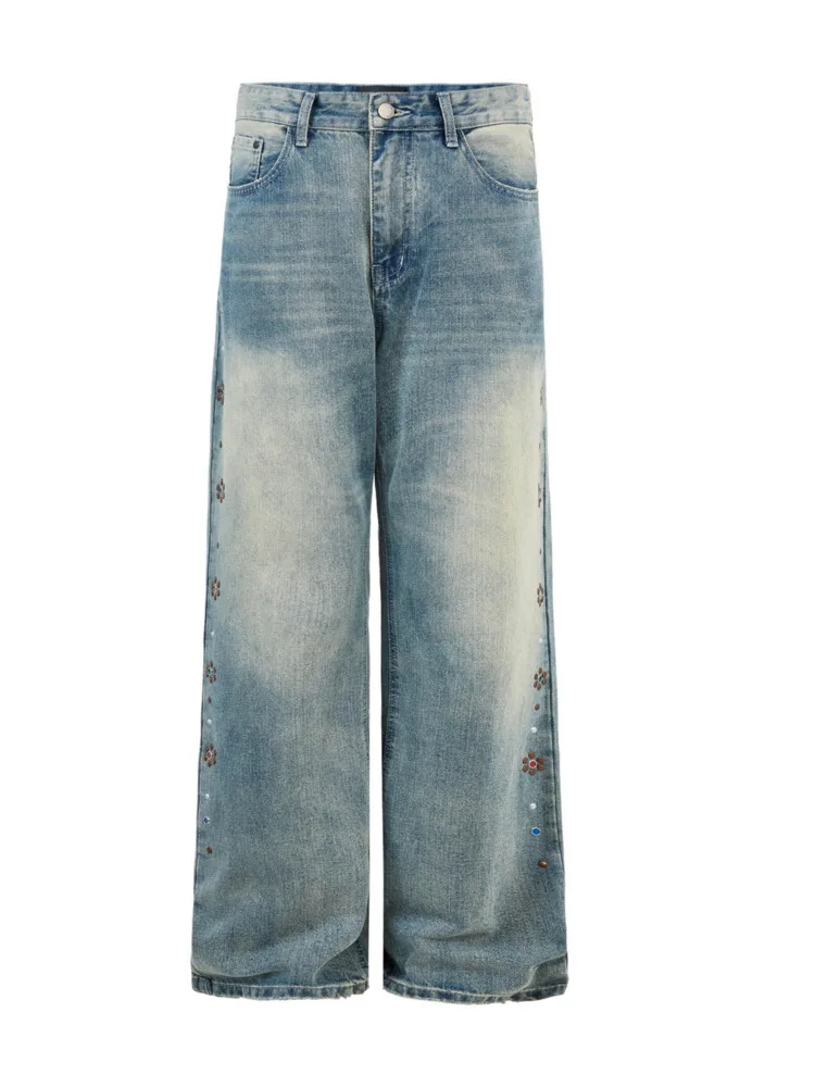 [BOMP] nail bead yellow mud dyed washed loose slightly flared jeans men