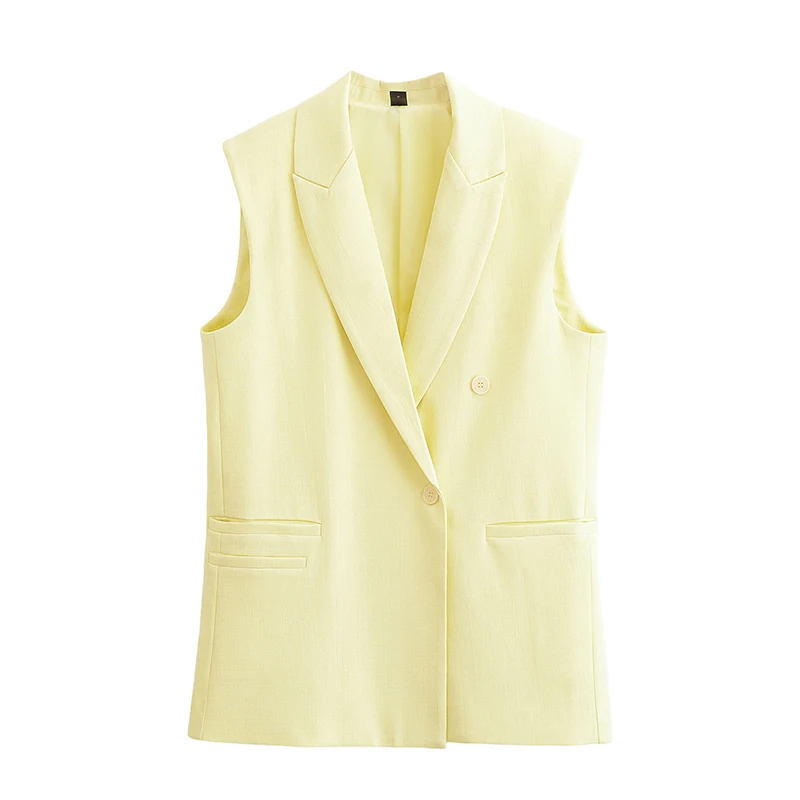 

YENKYE Office Lady Elegant Yellow Sleeveless Vest Fashion Women Lapel Collar Double Breasted Waistcoat Autumn Tops