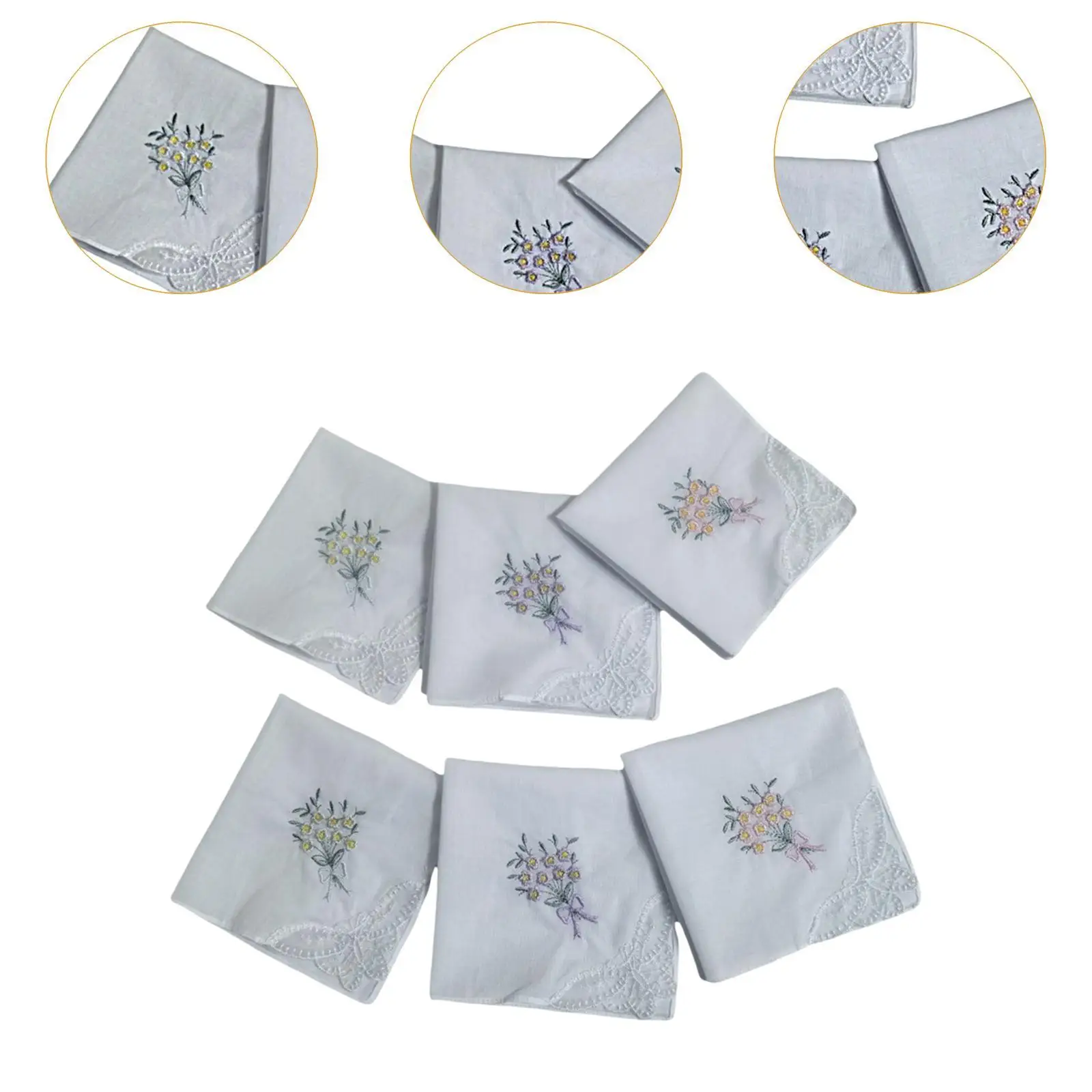6Pcs Embroidered Cotton Handkerchiefs Soft Flower Hankies for Wedding Party