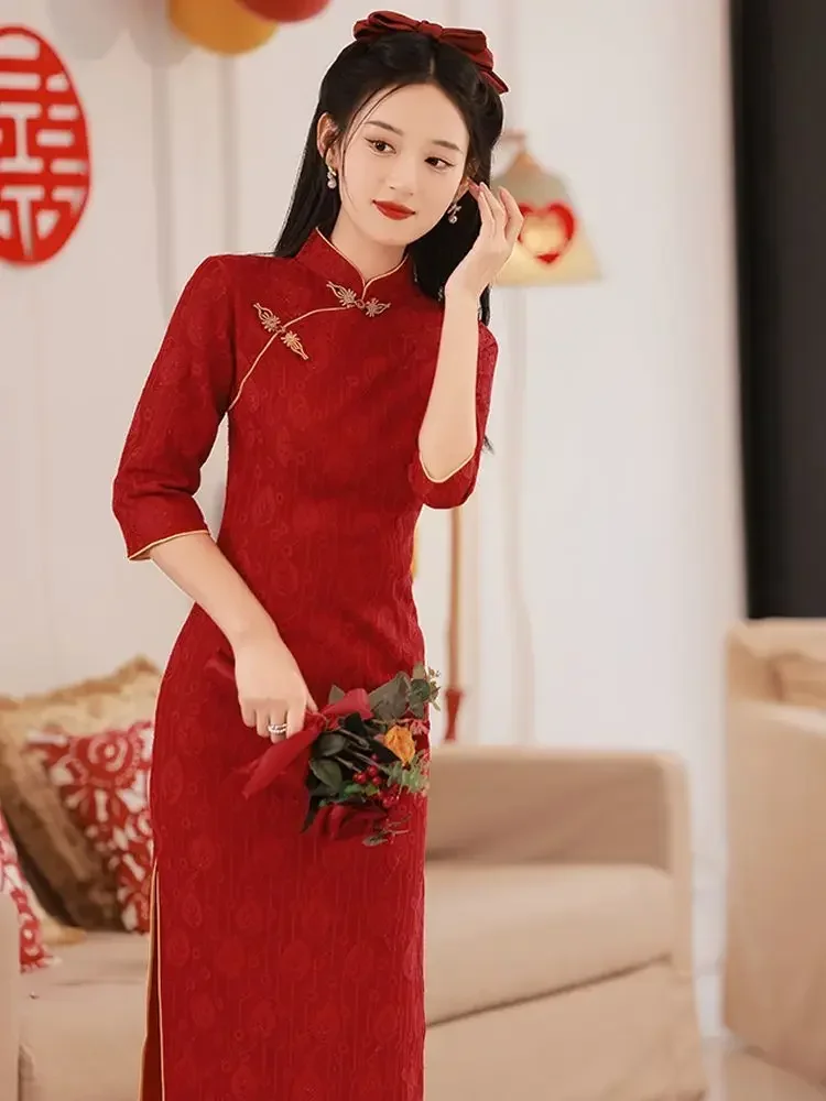 Red Chinese Women Dress Vintage Long Sleeve Qipao Sexy Long Elegant Cheongsam For Wedding Party Dress Size S-2XL