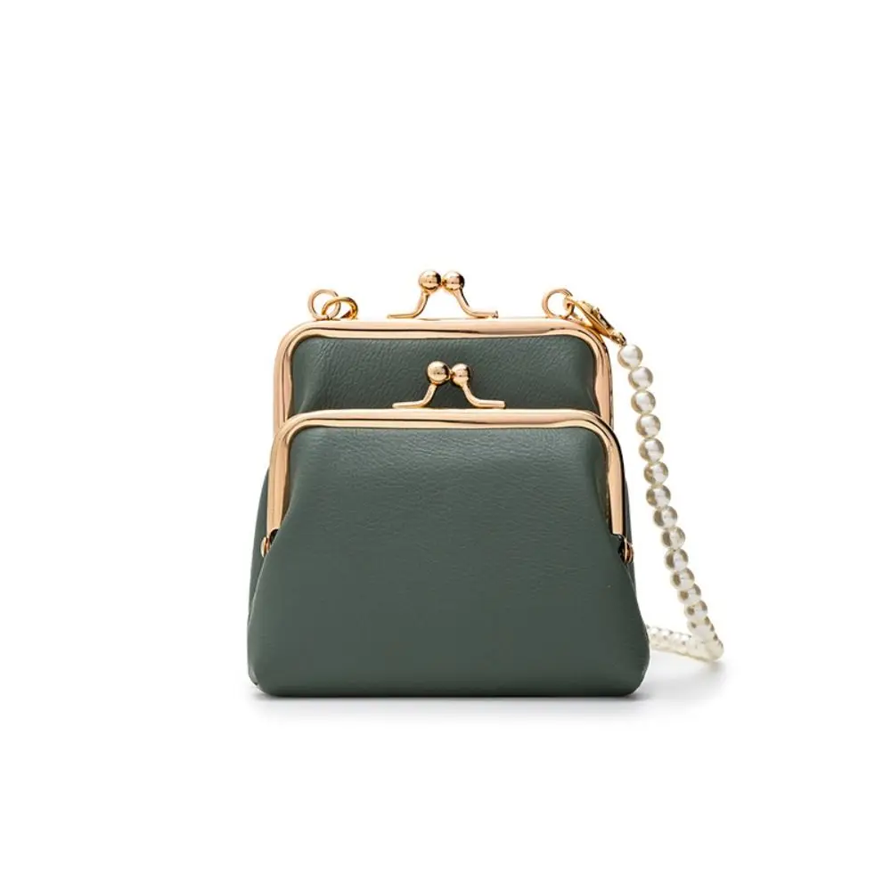 Elegant Double Layer Mini Crossbody Bag Pearl Chain Clip Frame Shoulder Bag PU Leather Detachable Strap Tiny Handbag For Women