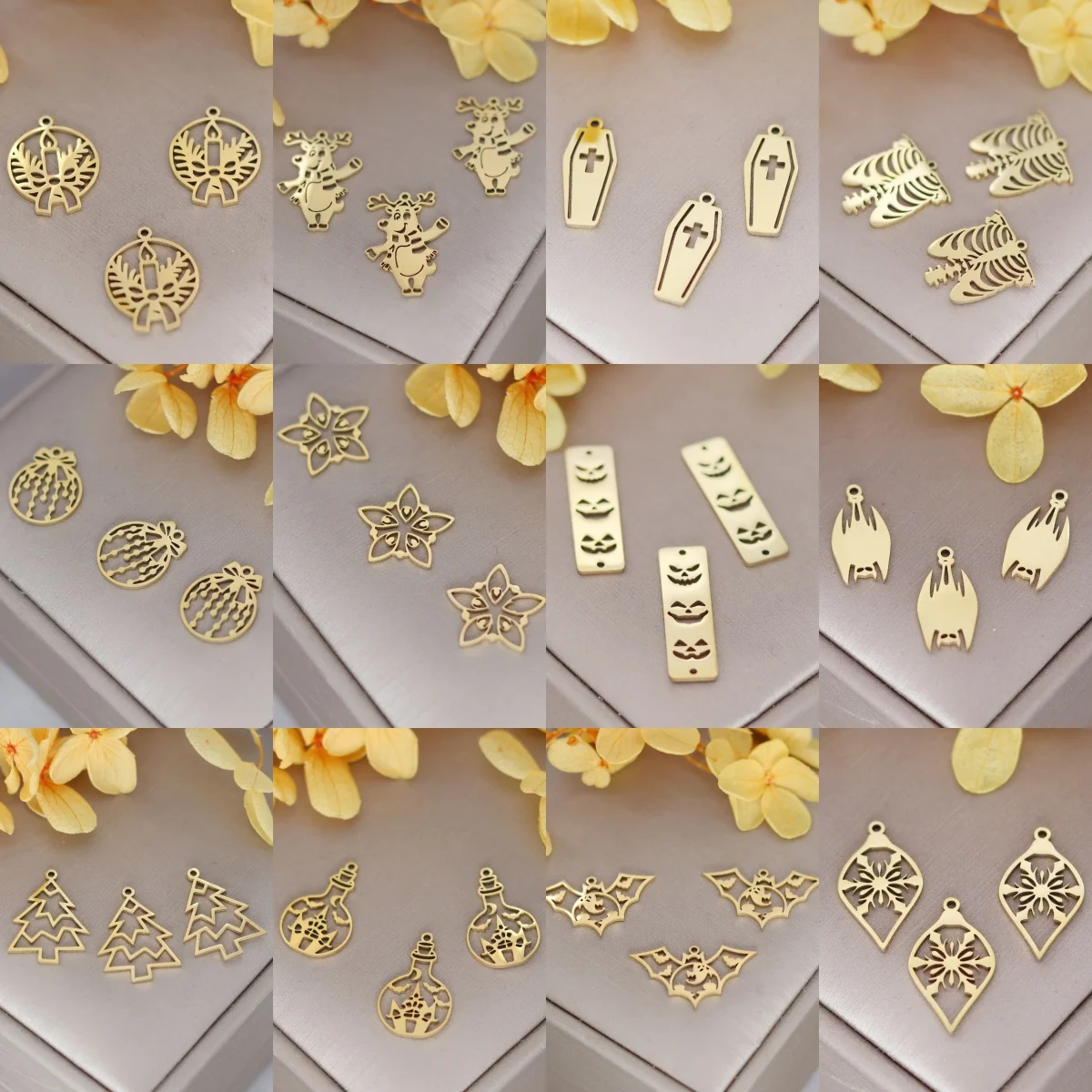 3pcs DIY Amulets Snowflake Bell Charms Bat Cross Coffin Stainless Steel Jewelry Making Earrings Necklace Deer Magic Ball Pendant
