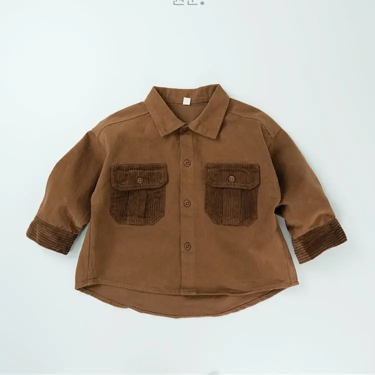 Autumn Winter New Children Long Sleeve Corduroy Shirts Solid Boys Thick Warm Cargo Coat Girls Pocket Lapel Jacket Kids Clothes