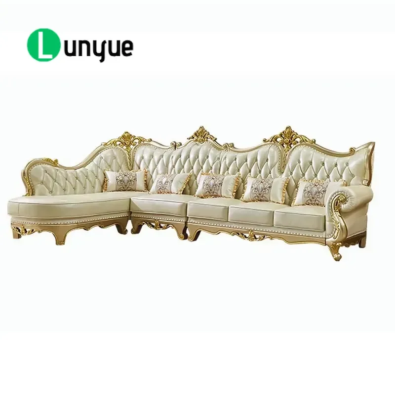 European Style 1+2+3 Seater Leather Sofa Set High End Full Grain Leather with Gold Accents Double Sided Carved Straight