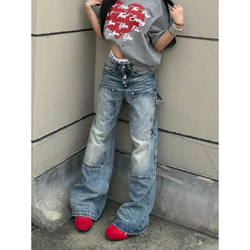 2026 Gothic Y2K Style Vintage Blue Button Fly Baggy Women's Cargo Jeans Pants For Woman Clothing Straight Loose Denim Trousers