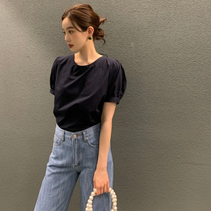 Csa de Manga Curta com Design de Manga Bufante, Csa Bonita com Alça nas Costas, Estilo Coreano, Decote Redondo, Ajuste ...