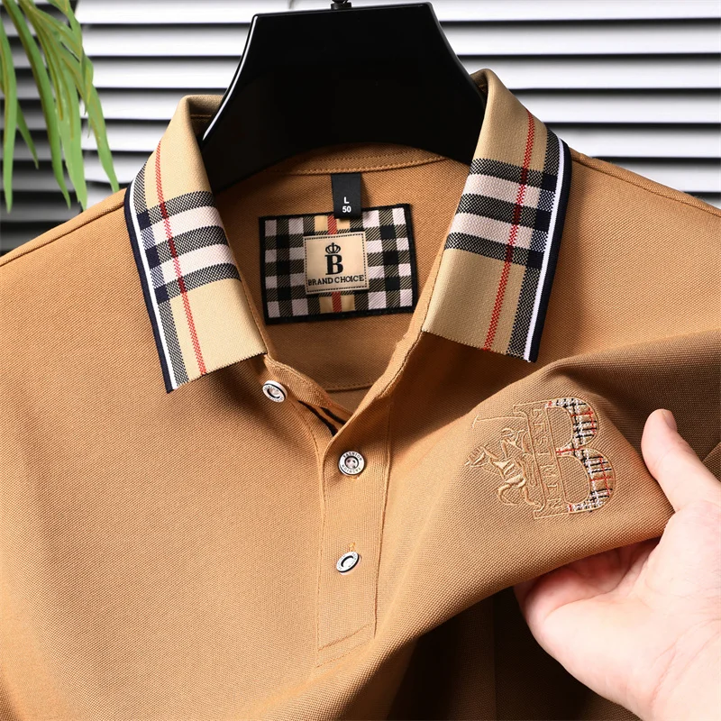 Modisches, hochwertiges, besticktes Herren-Polohemd aus Baumwolle, Herbst-Revers-T-Shirt in Kontrastfarben, lässige, vielseitige Herrenbekleidung – Detail 12