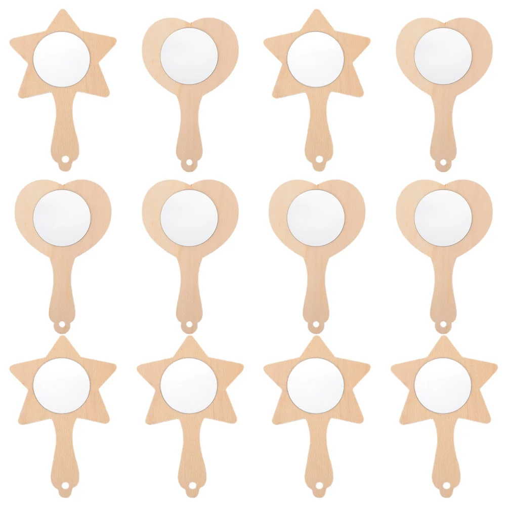 ชุดกระจกไม้ DIY 12 ชิ้น กระจกถือแบบไม่มีสีสำหรับงานฝีมือเด็ก กระจกมินิตกแต่งน่ารัก กระจกถือมีด้ามจับ