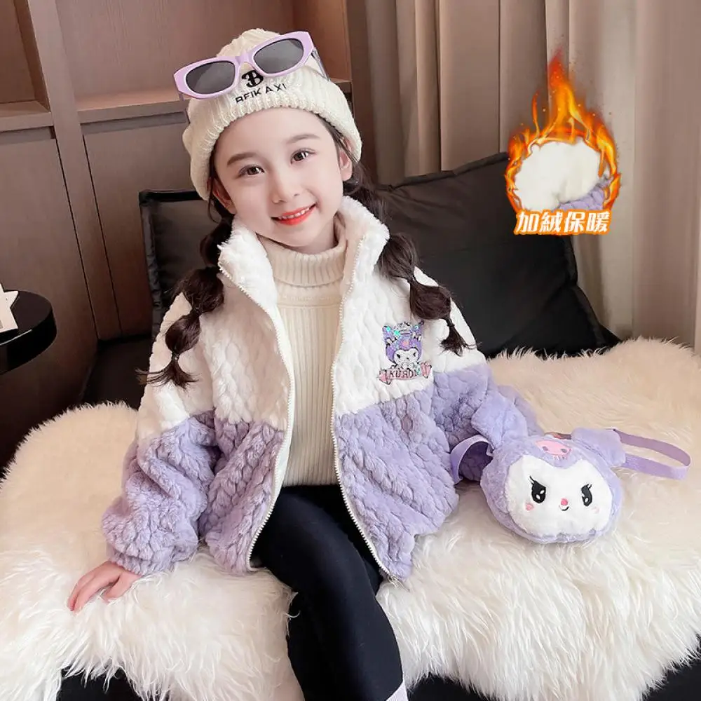 Sanrio Kuromi Girls Plush Coat Autumn Winter Kawaii Cartoon Outwear Anime Keep Warm Jacket Overcoat Children Clothing Send Bags