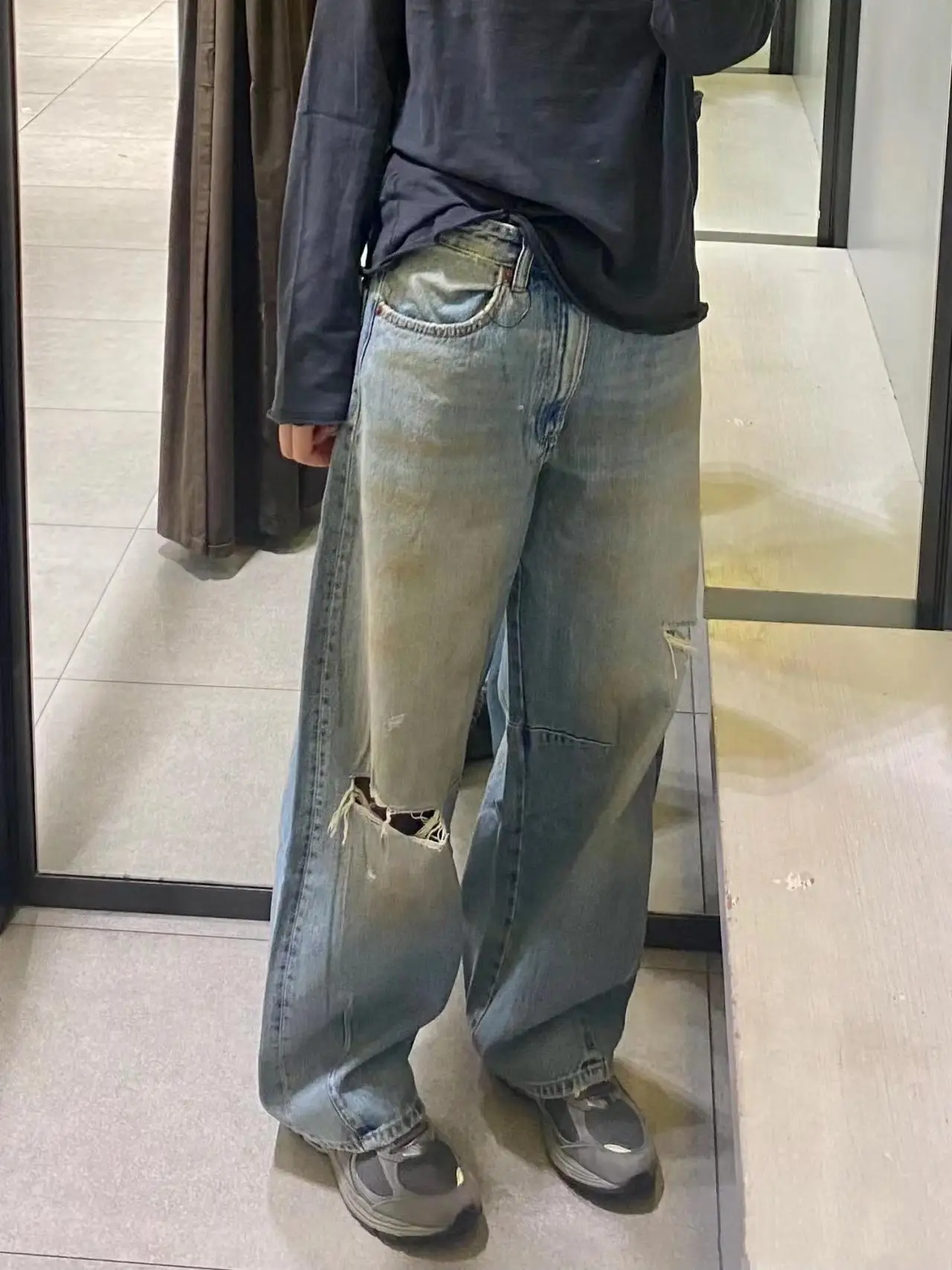 Spring Autumn New Arrival Women's Boyfriend Sle Ripped Vintage mid Waist Loose Waed Wide Leg Jeans Deep Color Zipper