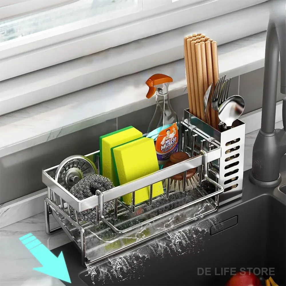 Évier de cuisine étendoir en acier inoxydable étagère d'évier de cuisine avec récipient à couverts porte-éponge à vaisselle organisateur de cuisine