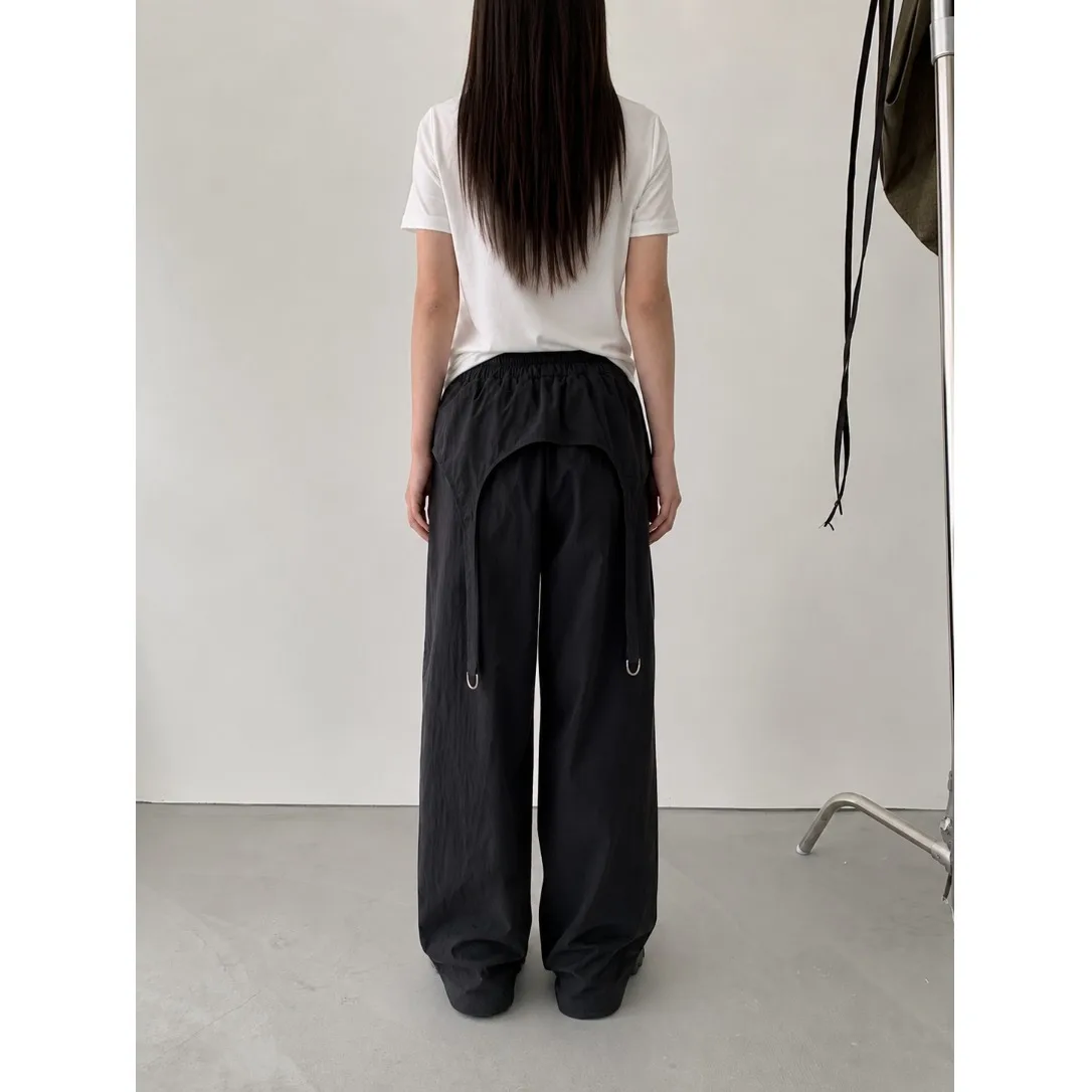 Neutral Long Straight Leg Trousers with Metal Buckle Decoration Nylon Casual Pants High Waist Wide Leg Fall Season Ladies