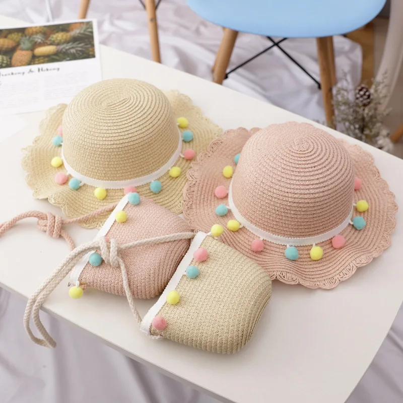 Baby Summer Hat Big Brim Straw Hats Bag for Girl Colorful Pompom Ball Fisherman Cap Travel Beach Sun Protection Accessories 1-3Y