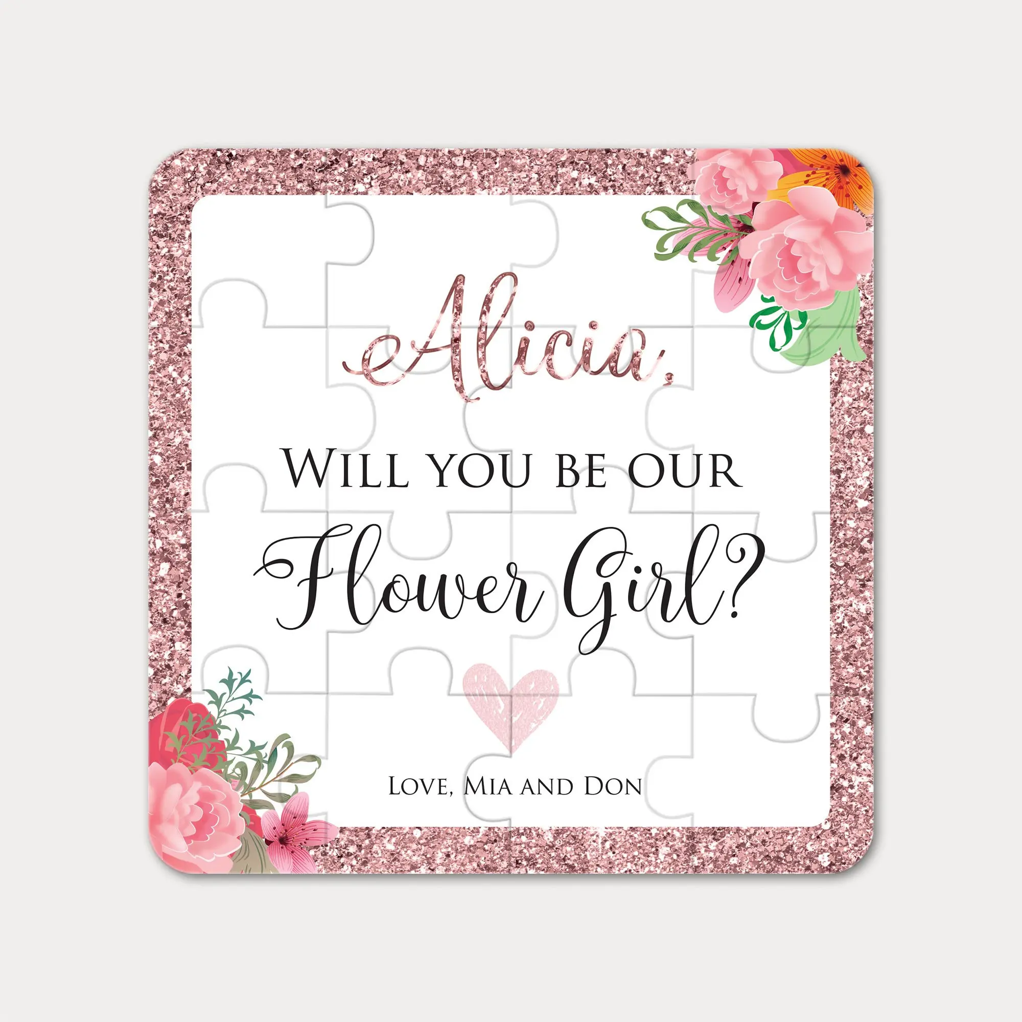 16*16 cm in oro rosa "Ti Sarà la mia ragazza di fiori?" Puzzle con proposta personalizzata con nome e firma personalizzati (3*5 puzzle)