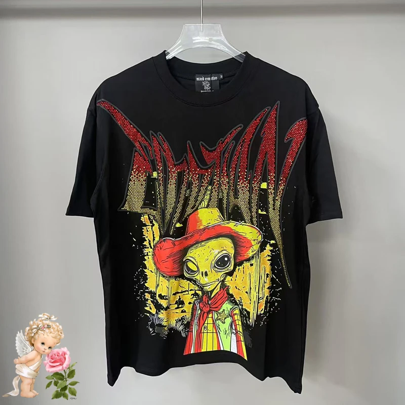 

Red Yellow Embroidery Rhinestone Logo Mixed Emotion T-shirt Men Women High Quality Classic Alien Print Short Sleeve T Shirt Tops