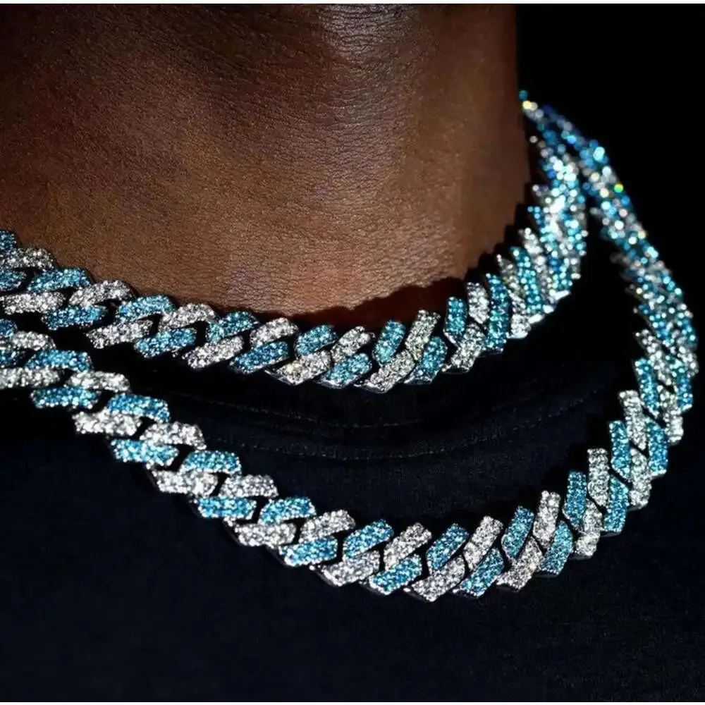 Mens Cuban Chain Rapper Jewelry Iced Out 925 Silver Blue White Color 14mm Moissanite Diamond Cuban Necklace