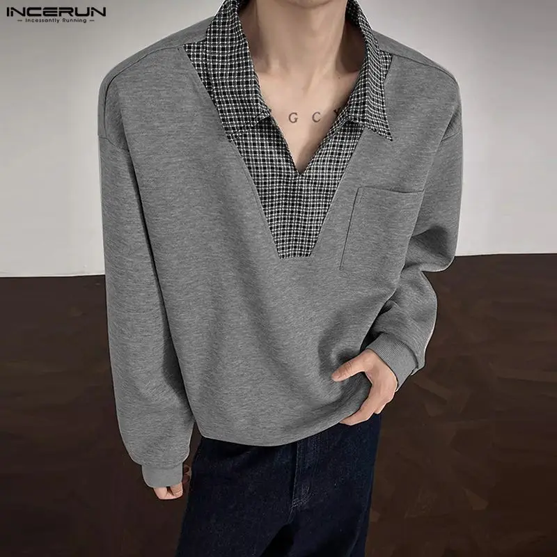 INCERUN Männer Hoodies Plaid Patchwork Revers Langarm Casual Männlichen Sweatshirts Streetwear Lose Koreanischen Stil, Mode Pullover Männer