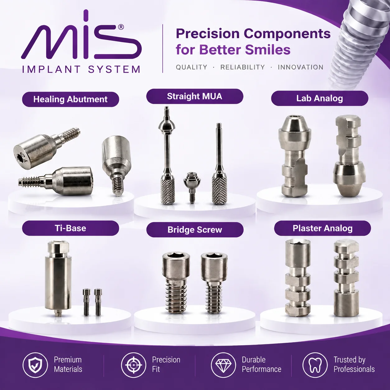 MIS System Dental Titanium Prosthetic Parts, Including Healing Abutment, Multi-Unit Straight Abutment, Ti-Base, Implant Analog,