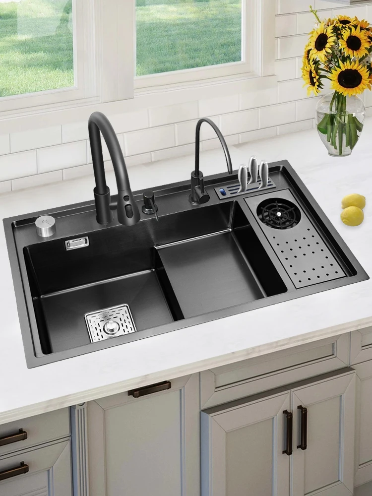 

Black 304 stainless steel sink kitchen stepped high-pressure cup washer sink large single-slot basin under the table.