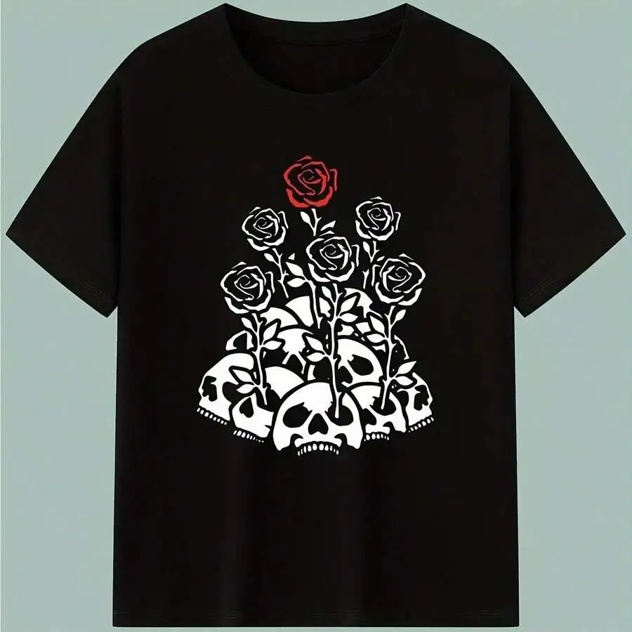 Vintage Retro Aesthetic Unisex Cotton Short Sleeve T‑Shirt Gothic White Skull Red Rose Graphic Tee Casual Tops