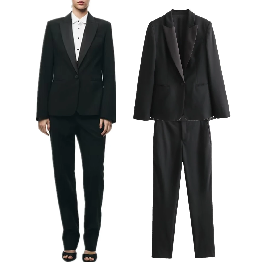 Dave&Di 2024 Fashion Ladies Party Shawl Collar Suit Suit Pants Set  Straight Black Suits Women