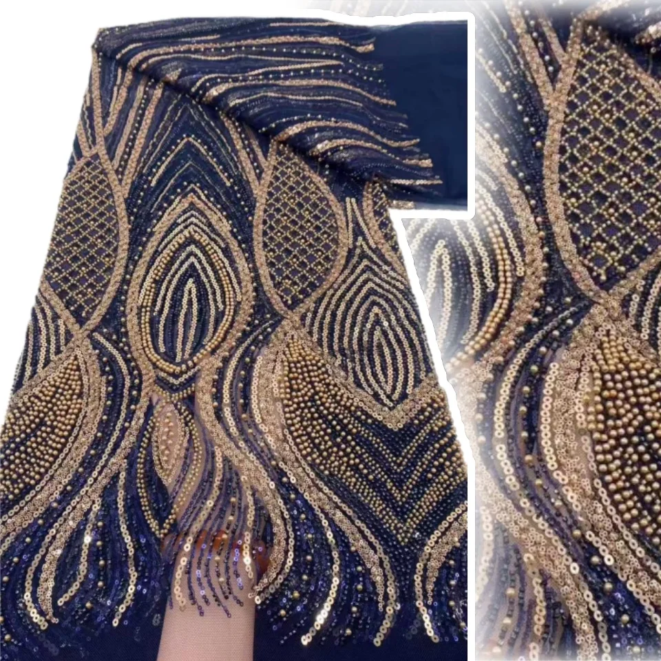 

Navy Blue High-End Luxury Beads French Embroidery Groom Lace Fabric African Nigerian with Sequins Fabric for Wedding Dress T1266