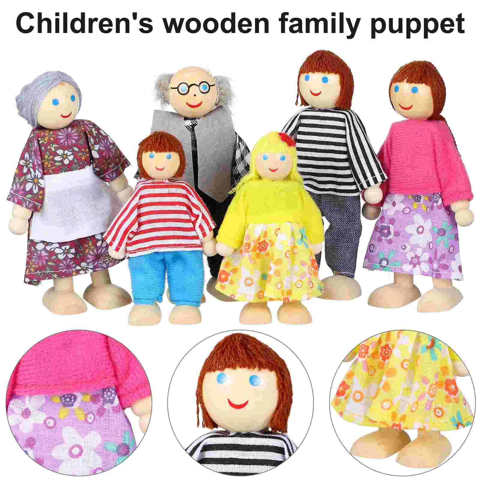 6 Pcs House Figures Family Member Dolls Wooden Puppet Toys for Toddler Kids Children dolls house people