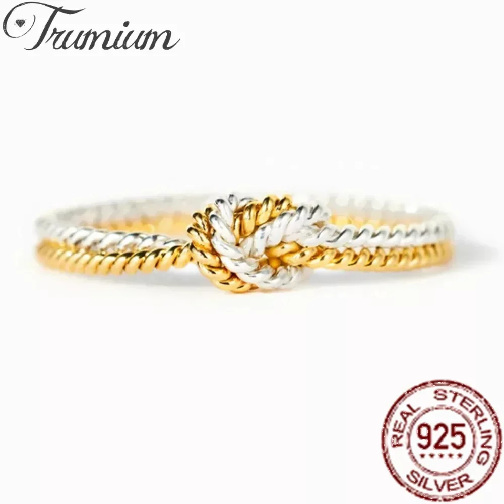 Trumium Genuine 925 Sterling Silver Gold Knot Rings for Women Girls Female Finger ring Jewelry Birthday Gift for Best Friend