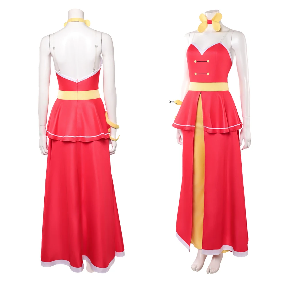 فستان هازبين هيل إن التنكري تشارلي الأحمر زي موحد ملابس الفنادق مجموعة ملابس دعائم الأفعى الصفراء ملابس حفلة كرنفال الهالوين