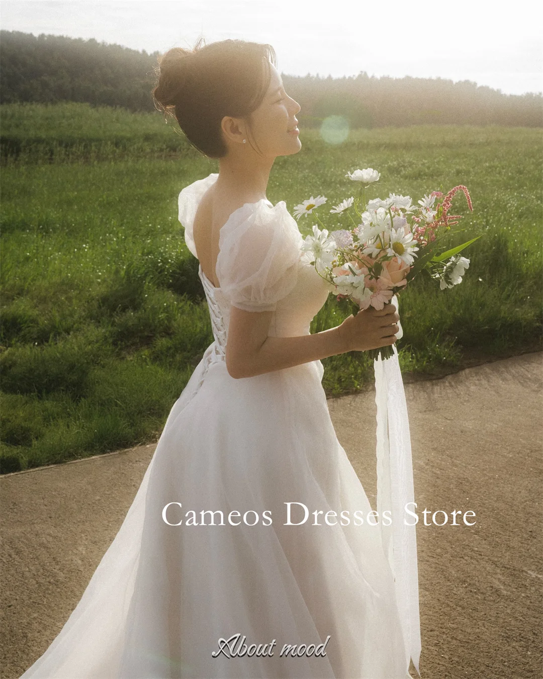 SONDR Customized Square Neck Ivory Puffy Sleeves Wedding Dresses Corset Korea Organza Brides Gowns Women Bridal Dresses
