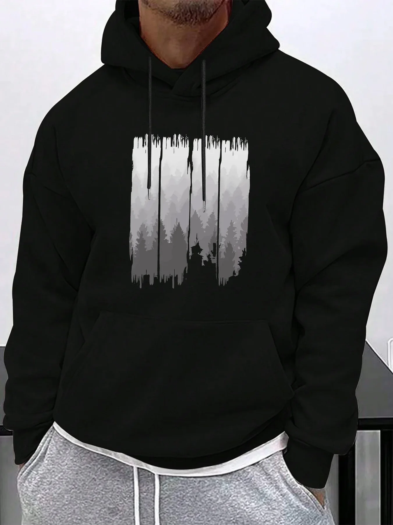 Gradient Grey Pine Tree Forest Brush Stroke Graphic Men Hoodie Front Print Loose Long Sleeve Nature Streetwear Sweatshirt