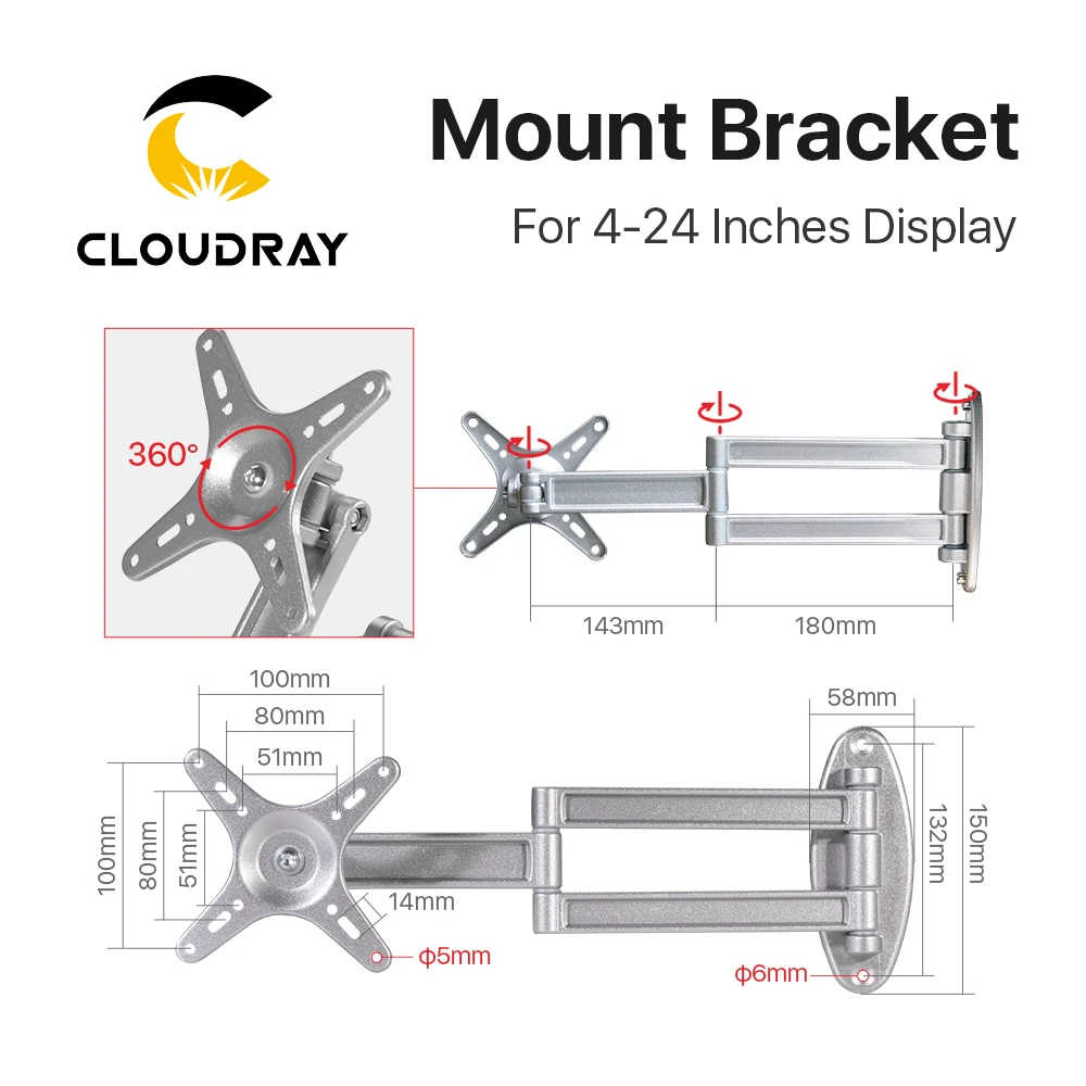 Cloudray Black & Silver TV Disply Mount Bracket 160*160mm for DIY Fiber Marking Machine 4-24 Inches Display Computer