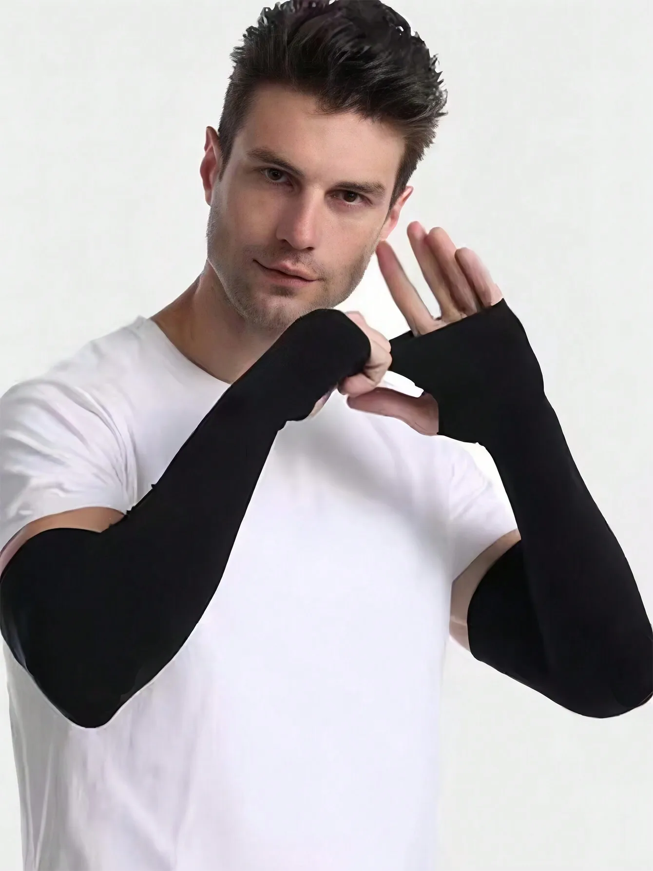 1 unidad de guantes de protección solar de color liso y manga de seda fría para ciclismo al aire libre, manga de seda fría de nailon elástico largo, guantes blancos, calentadores de brazos, accesorios de otoño, disfraces de Halloween, manga de brazo negra, regalos para hombres