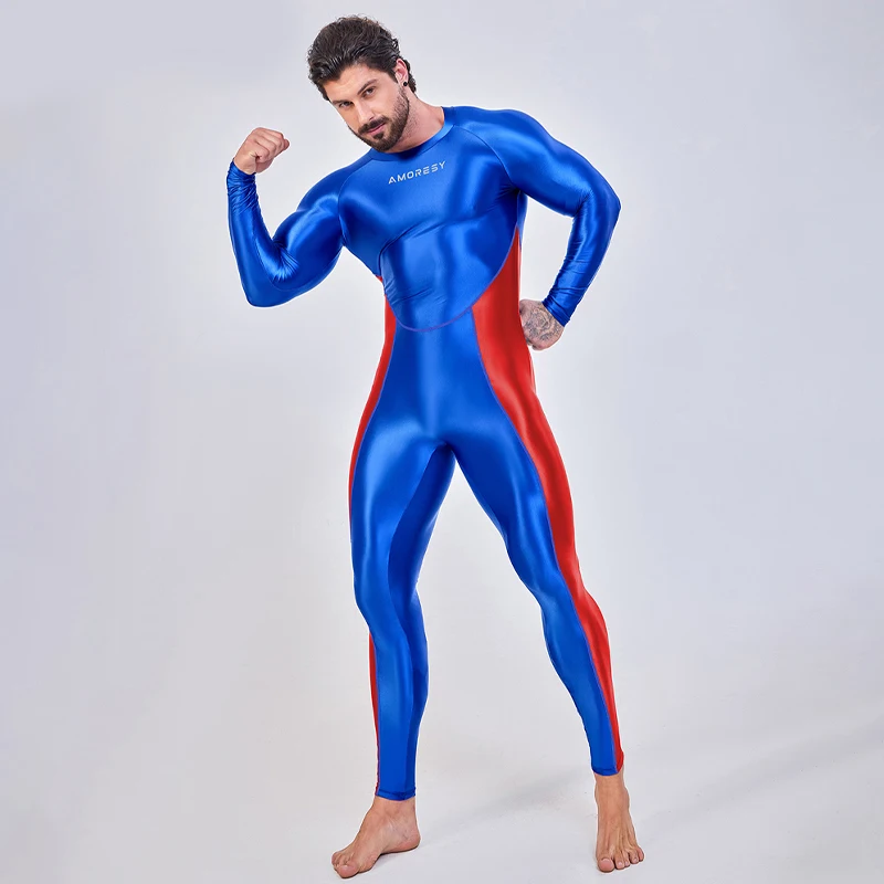 AMORESY Smooth Running Clothes Color blocked long sleeved men's one-piece full-length sports bodysuit XCKNY glossiness suit