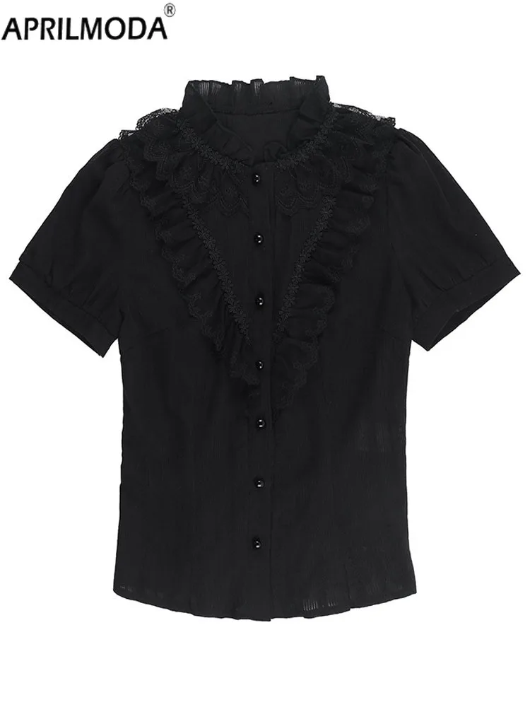 

Black Short Sleeve Women Japanese Lolita Blouses Vintage Gothic Sweet Shirts 2025 Summer Y2k Subculture Elegant Office Lady Tops