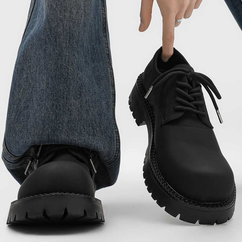 

Men Thick Soled Round Toe Frosted Mickey Derby Shoes Height Increasing Anti Slip Youth Trend Daily Commuting