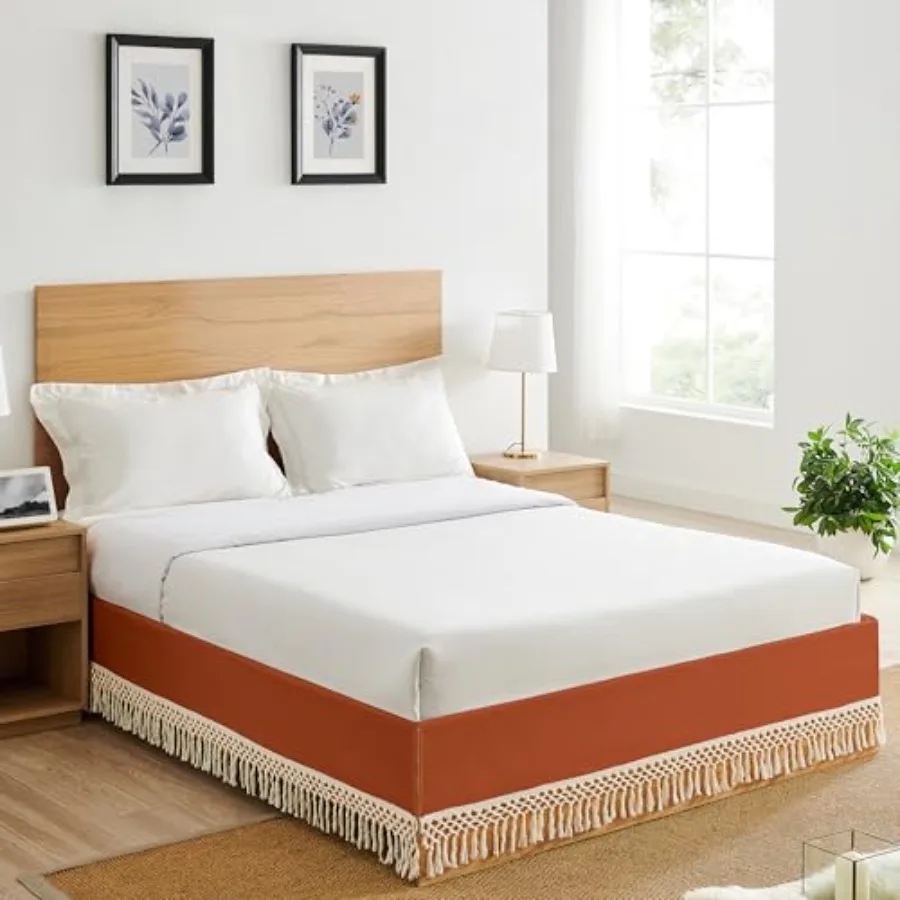 

Rust Orange and Ivory Boho Bohemian Girl Bed Skirt Dust Ruffle Bedskirt Pleated Tailored Bedroom Off White Fringe Tassel for Fa