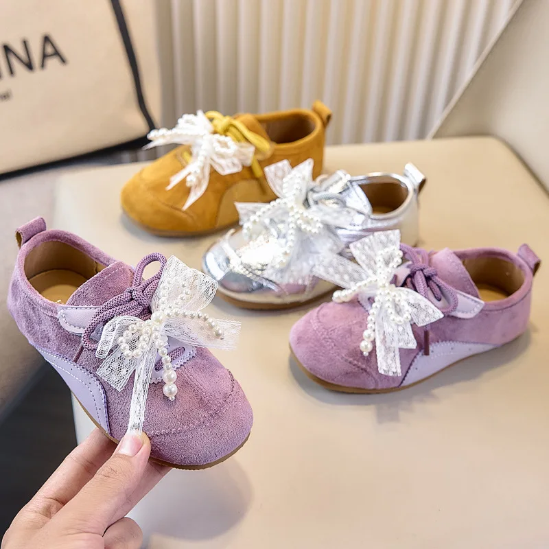 2026Children Casual Shoes for Girls Spring and Autumn New Fashion Elegant Lace Soft Bottom Anti-slippery Daily Chic Sports Shoes