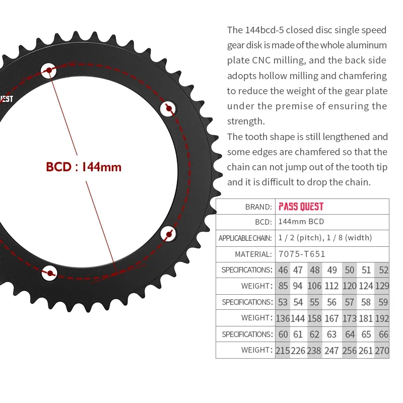 PASS QUEST 144BCD Chainring black round fixed Gear Chainwheel for Road Bike Round Mountain Venue single speed gear dis 46-66T