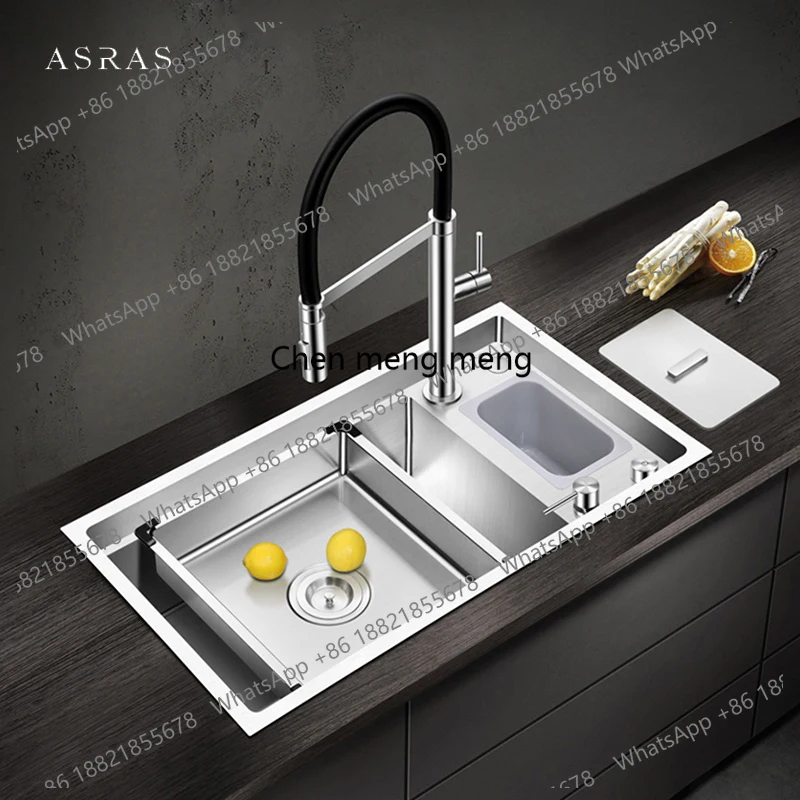 SUS 304 Stainless Steel Kitchen Sink 4mm Thickness Handmade Brushed 4 Hole Single Large Size With Trash Can Kitchen Sinks