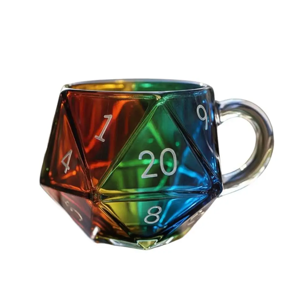 Transparent Glass Rainbow D20 Dice Mug with Handle Fantasy Themed Polyhedral Dice Coffee Cup Game Mug for RPG Lovers