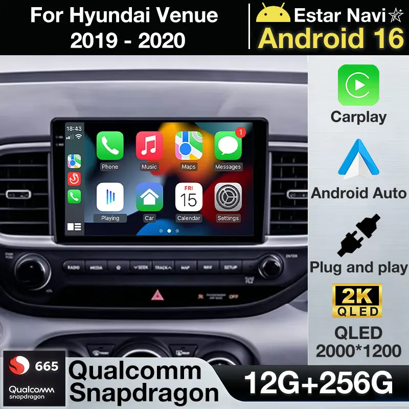 Para Hyundai Venue 2019 2020, Android 16, Carplay Sem Fio, Câmera 360, Reprodutor de Vídeo, Rádio Multimídia 2din com 5G WIFI, BT e GPS