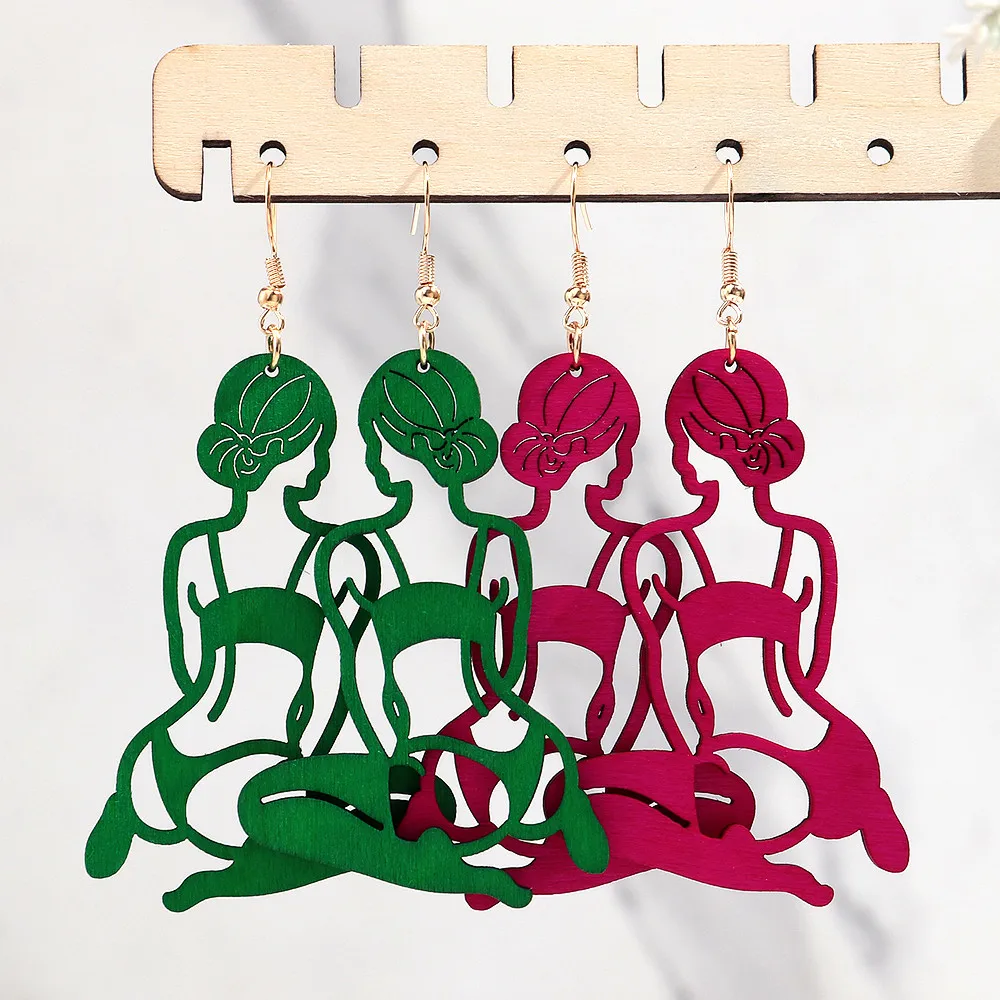 New Hollow Sexy Bikini Lady Wooden Long Earrings for Women Creative Colorful Wood Yoga Statue Drop Earring Trendy Jewelry Gift