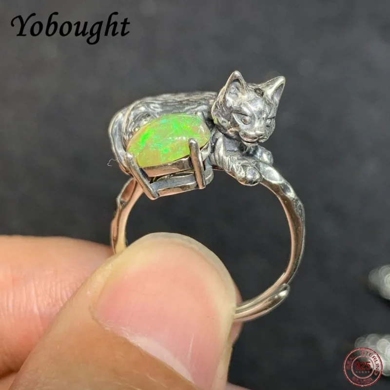 

925 Sterling Silver Retro Inlaid Natural Opal 3D Carved Russian Cat Ring For Women