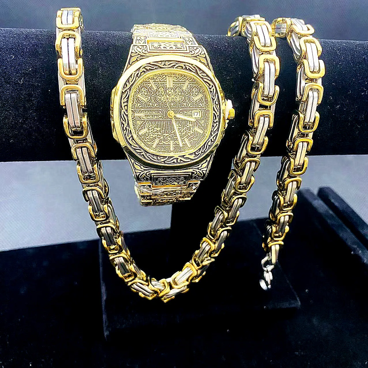 

3PCS Iced Out Watch + Bracelet + Necklaces for Men Women Vintage Watch Stainless Steel Link Chains Jewelry Set Men Watches Reloj