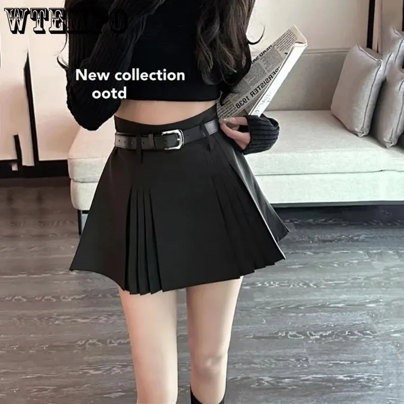 Academy Style Pleated Skirt Women\'s High Waist A-line Skirt Gift Belt Built in Shorts Pure Desire American Hottie Spring Summer