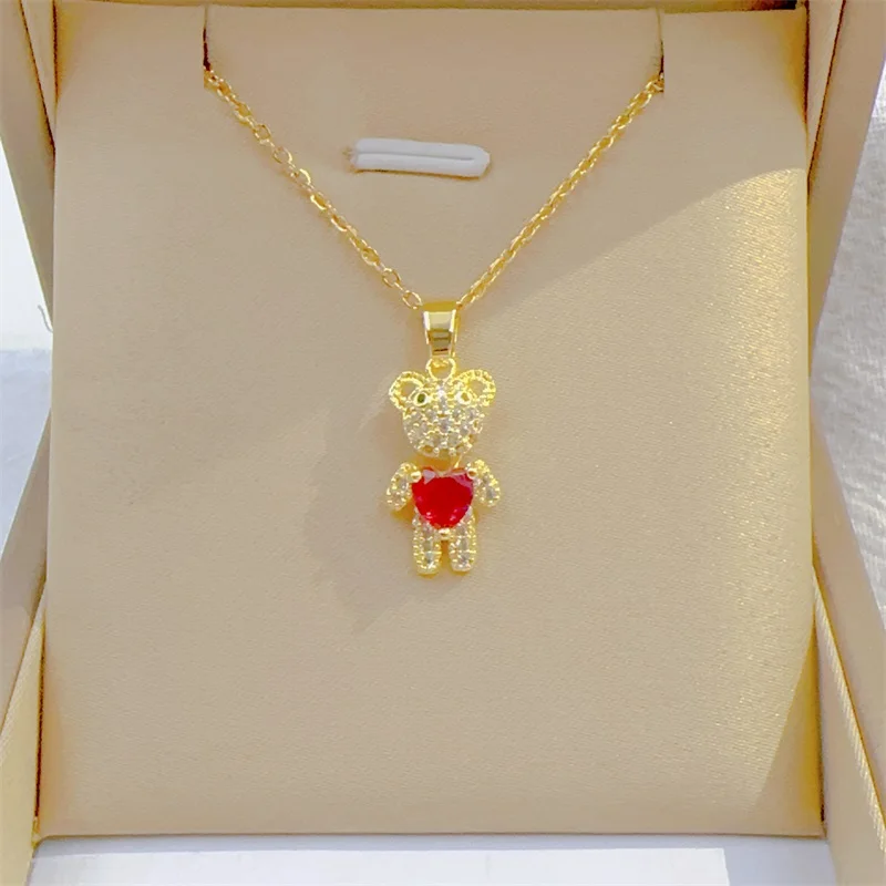 Classic Personalized Micro-inlaid Red Love Movable Bear Necklace Fashion Retro Light Luxury Stainless Steel Clavicle Chain