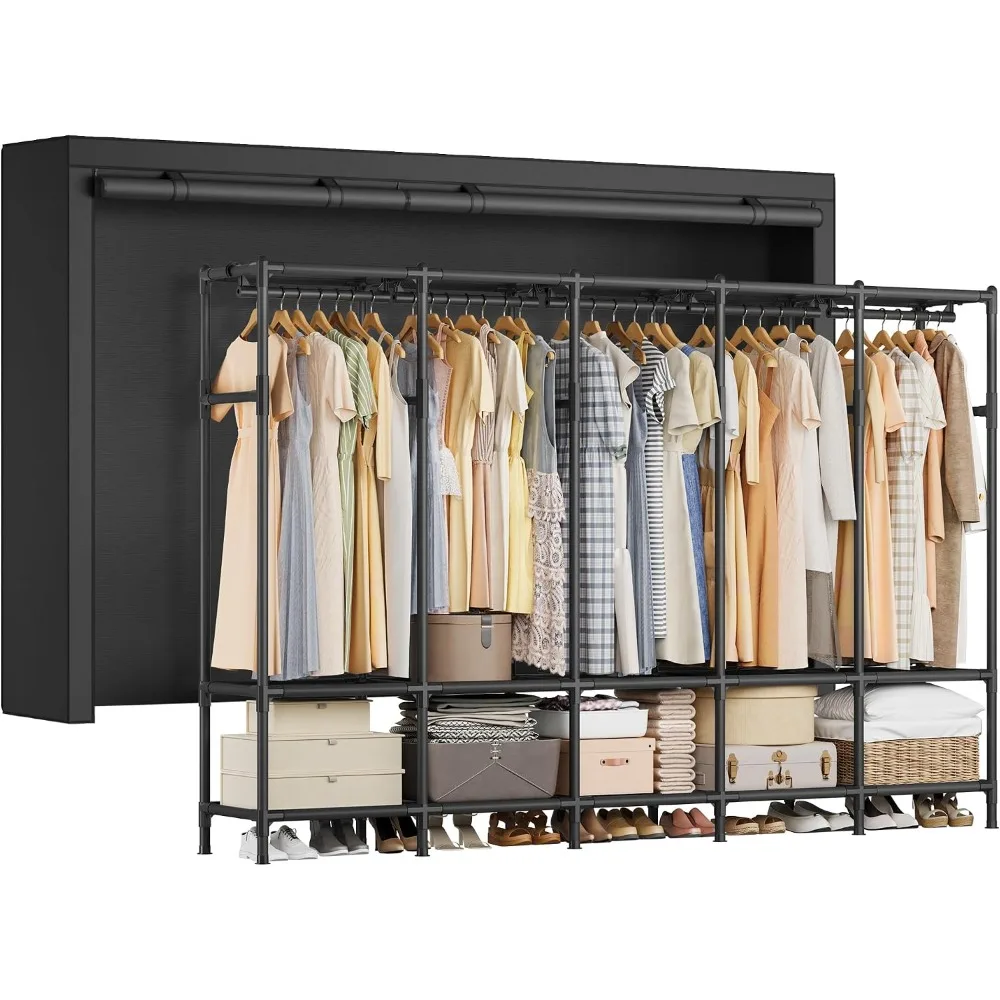 Heavy Duty Wardrobe Closet with 5 Hanging Rails and 10 Shelves for Bedroom Organization