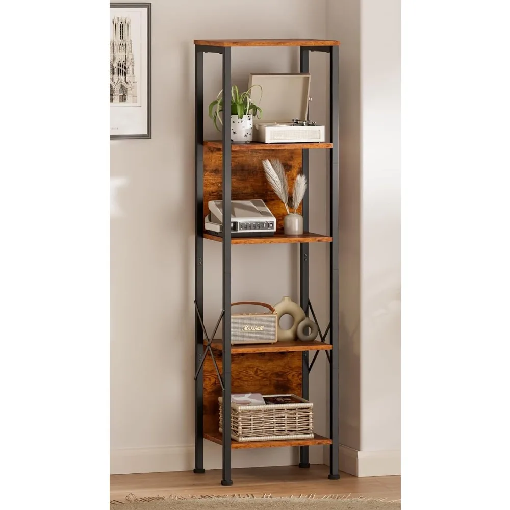 

Bookshelf with Back, Tall Narrow Bookcase, Rustic Standing Shelf Units, Display Storage Rack Organizer, 5 Tier Bookshelf