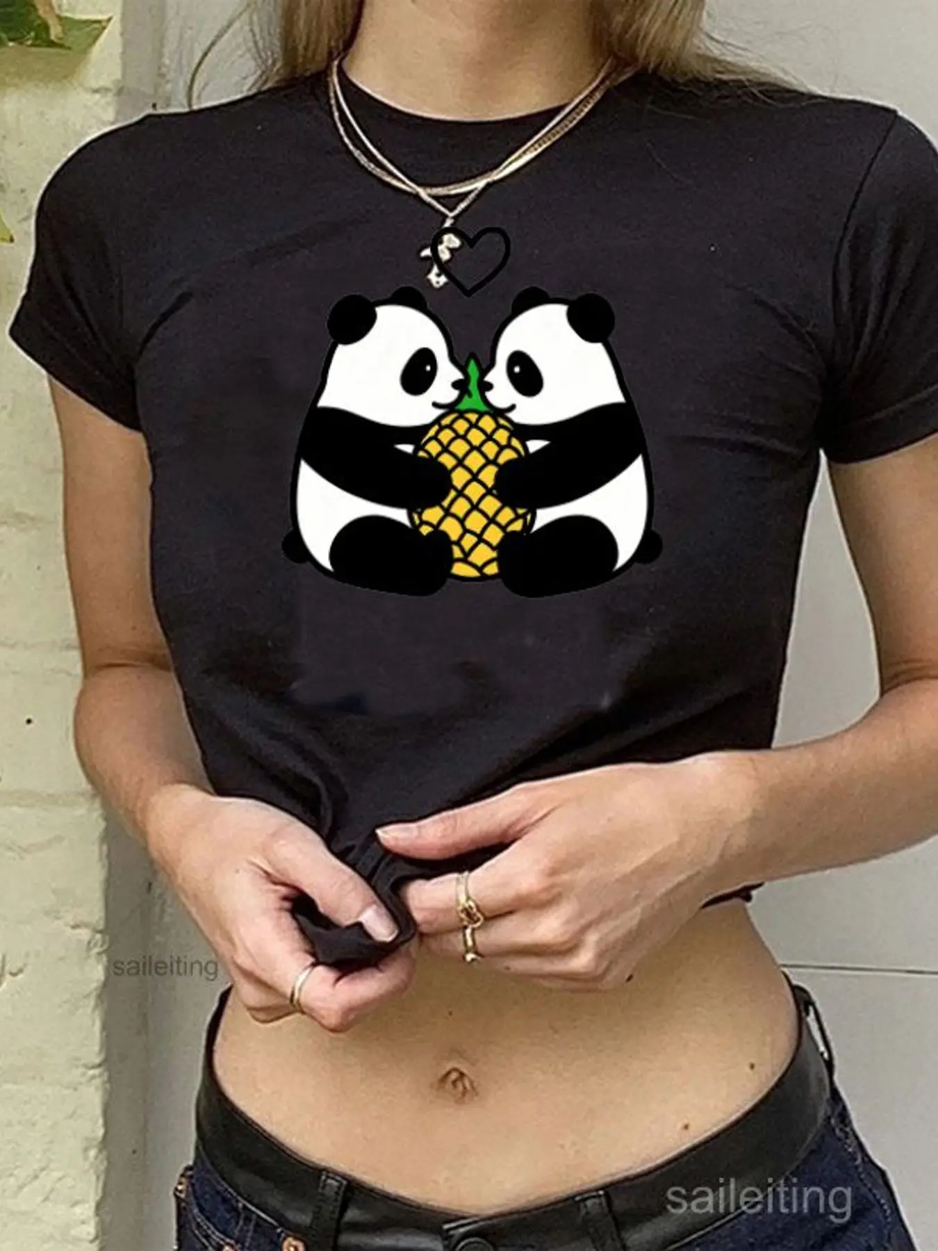 Women's Black Short Sleeve Crop Top with Cute Panda Sharing Pineapple Print Harajuku Street Style Casual Tee